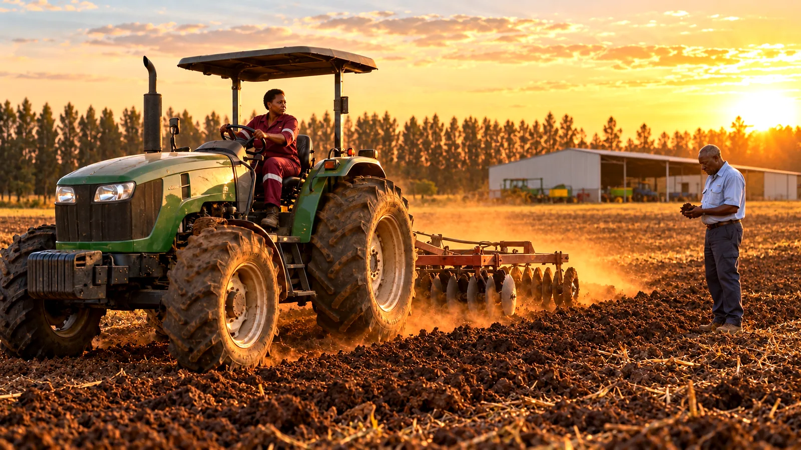 A farmer discing a field on a green tractor at sunrise while a farmer checks the soil