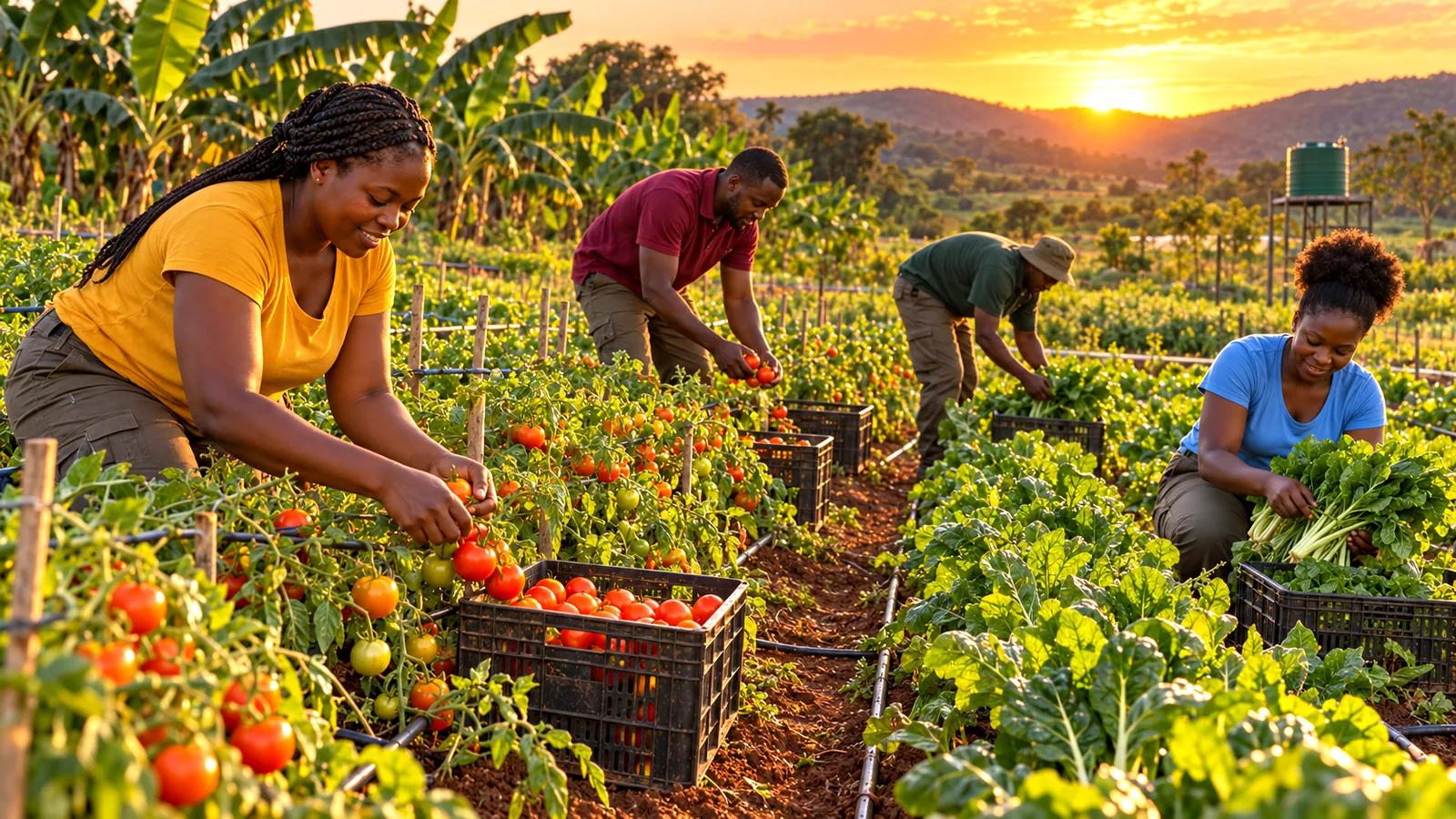 Farm workers picking tomatoes and leafy greens on drip-irrigated beds at sunset