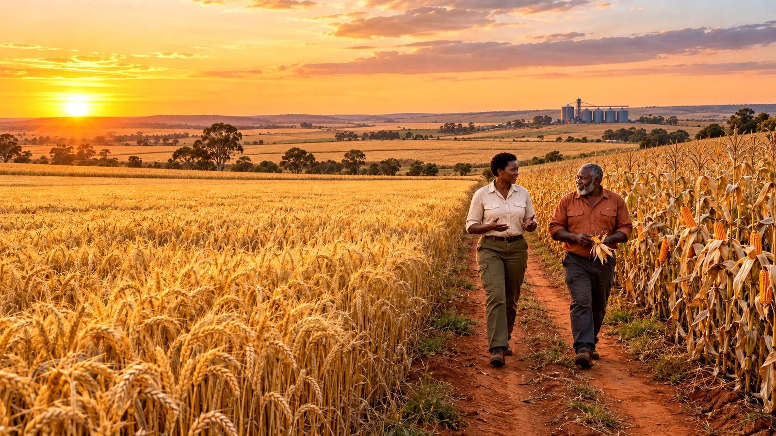 Two farmers walking a red-soil track between ripe wheat and dry maize, silos on the horizon