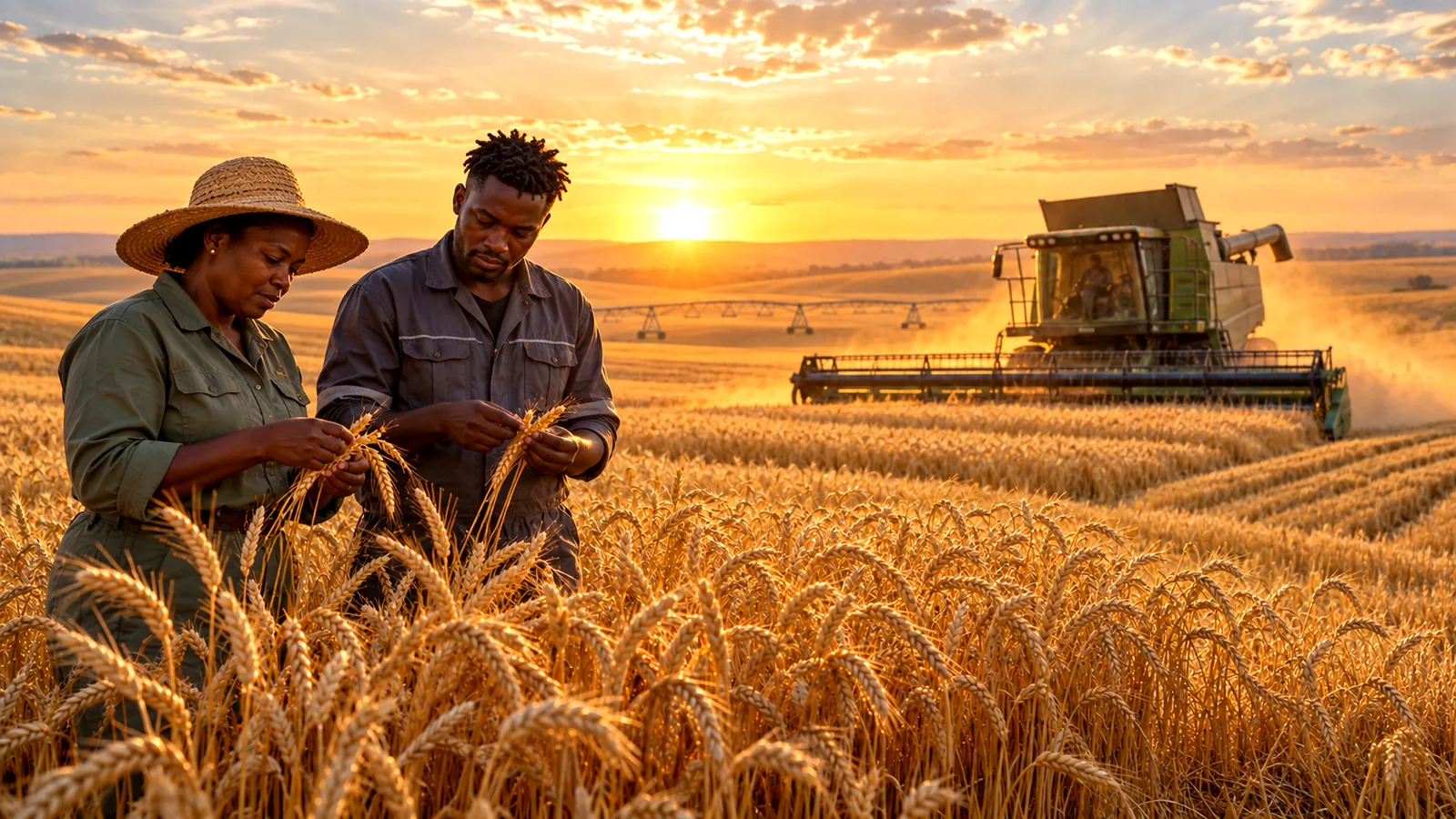 Two farmers inspecting wheat ears as a combine harvester works the field behind them