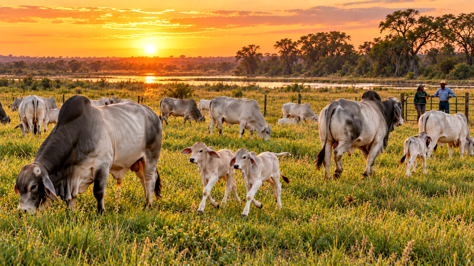 Brahman cows and calves grazing beside a river at sunset, two farmers at the gate