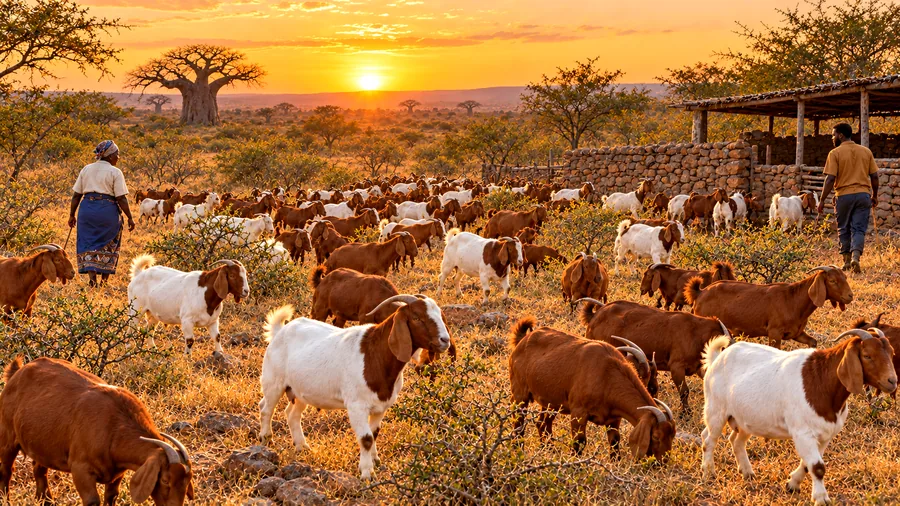A herd of Boer goats browsing in the bush near a stone kraal, a baobab on the skyline